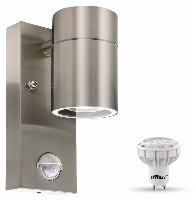 Lampada da parete con sensore di movimento, 5W, attacco GU10, acciaio inossidabile, luce bianco caldo