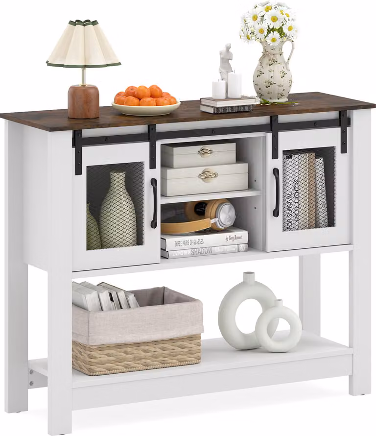 COSTWAY Credenza in legno, tavolino da ingresso con ripiano, 2 ante scorrevoli, 2 scomparti, mensola, credenza, mobile da cucina, tavolino da ingresso, 102 x 32 x 82 cm, bianco