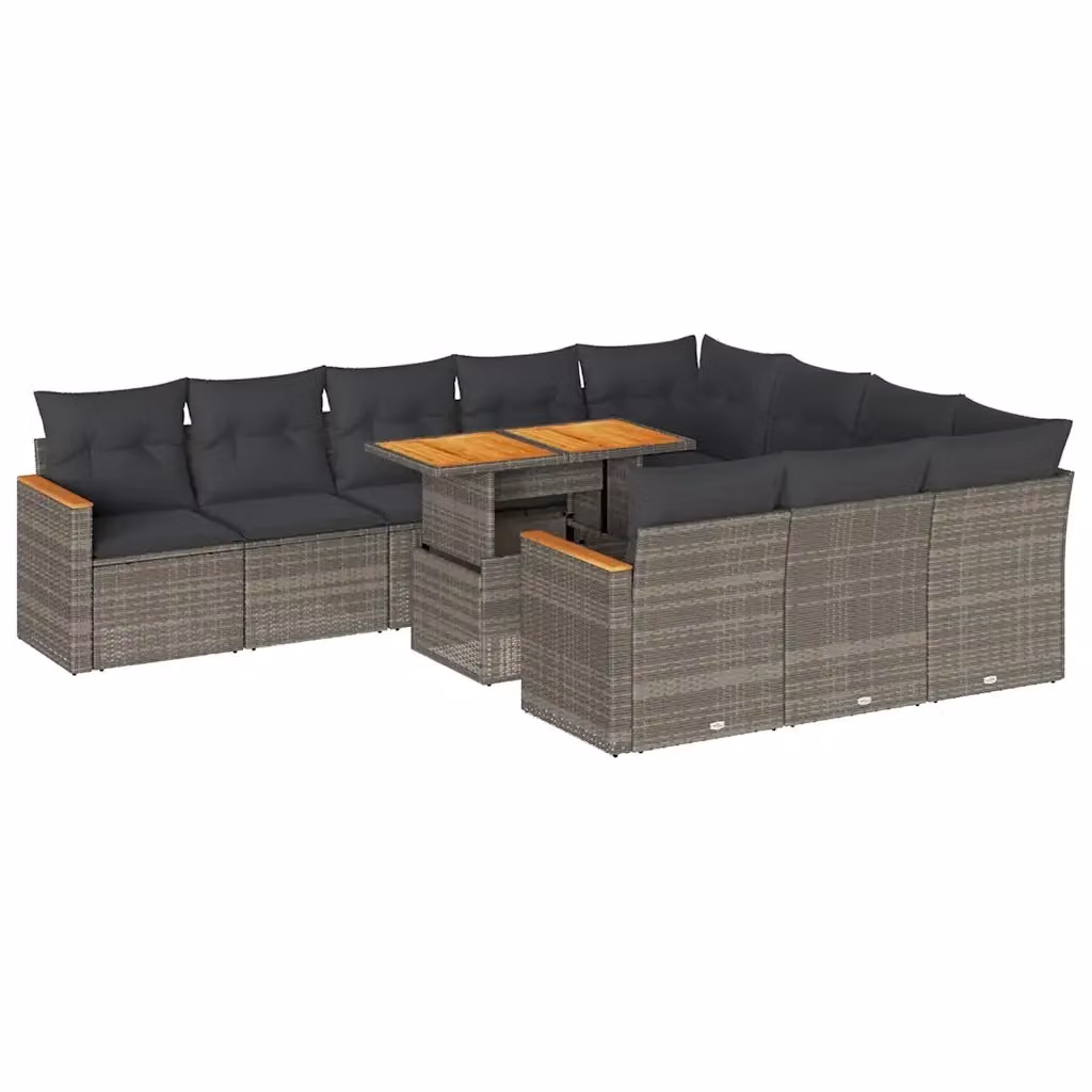 Set di divani da giardino vidaXL a forma di L composto da 11 pezzi con cuscini e tavolino, in polyrattan e legno di acacia color grigio – 2