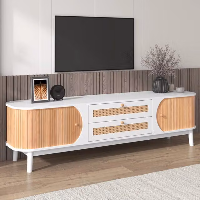 Mobile TV con ante e cassetti in rattan MDF bianco e finitura legno 170 × 39;5 × 46 cm