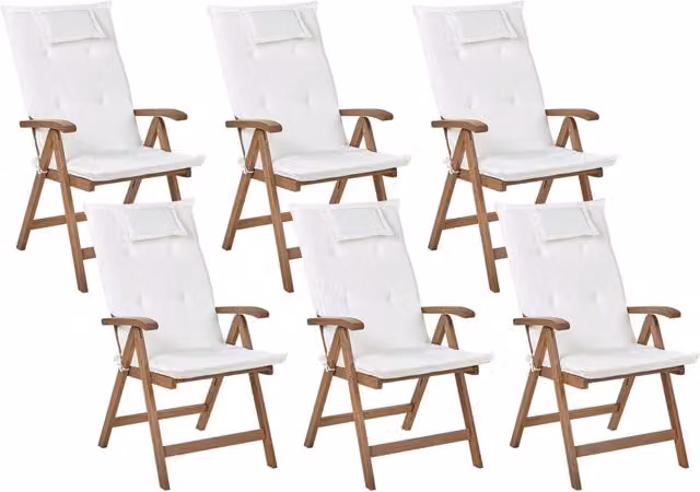 Set di 6 sedie da giardino BELIANI in legno di acacia scuro con braccioli, regolabili e pieghevoli, stile rustico con cuscini bianco sporco