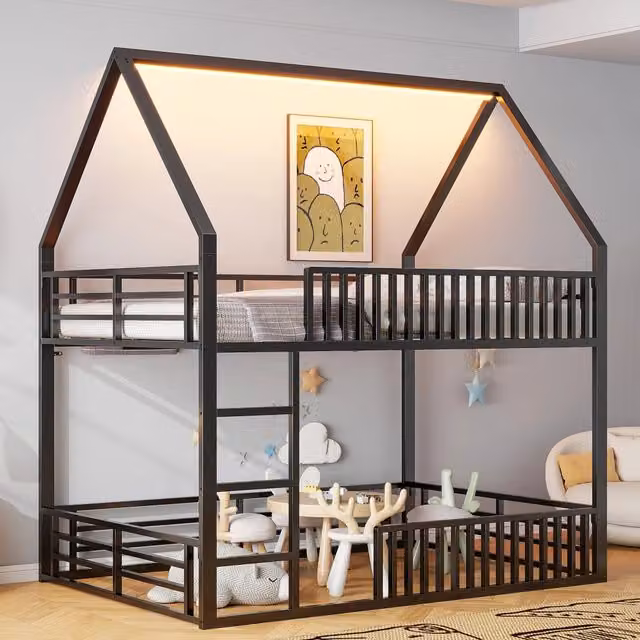 Letto a castello REDOM in metallo nero con illuminazione LED per cameretta bambini L: 200 cm, P: 140 cm, H: 214 cm