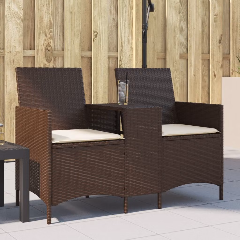 Set da giardino vidaXL composto da divano a 2 posti con cuscini e tavolo in polyrattan marrone e bianco con struttura in metallo