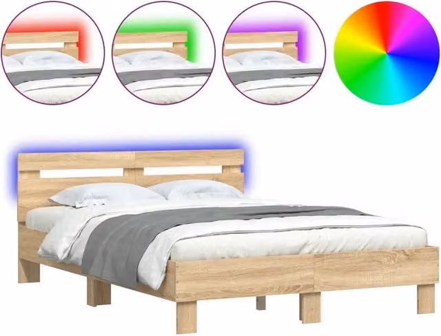 Letto matrimoniale moderno con testiera, illuminazione LED sottostante e porta di ricarica USB, Rovere Sonoma, L 120 x P 200 cm