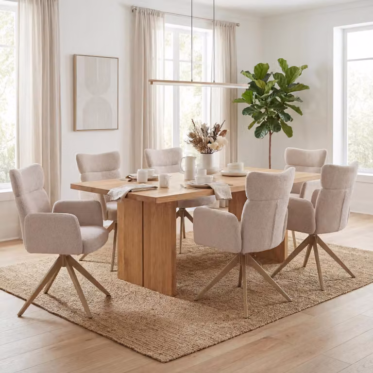 Set di 6 sedie da pranzo modello HWC-N11, sedia girevole con meccanismo di ritorno automatico, rivestita in tessuto bouclé (350g/m²), colore beige, gambe effetto legno