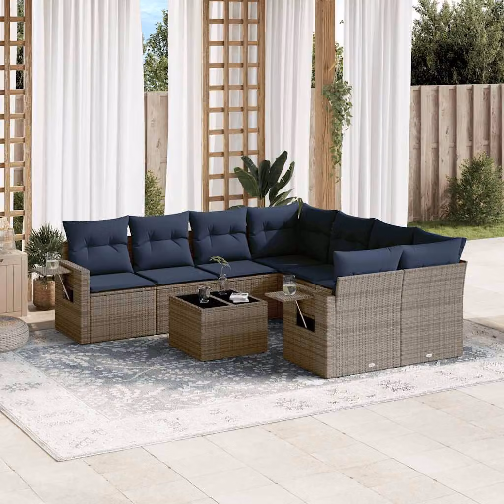 Set Divani da Giardino vidaXL 9 pz a Forma a L con Tavolino da Caffè e Cuscini, Polyrattan e Metallo, Grigio e Blu
