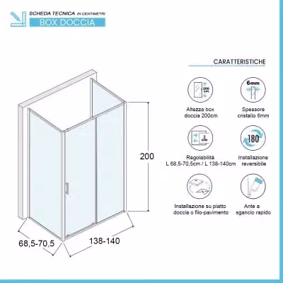 Box doccia rettangolare Ted con porta scorrevole in vetro trasparente L: 140 cm, P: 70 cm, H: 200 cm – 2