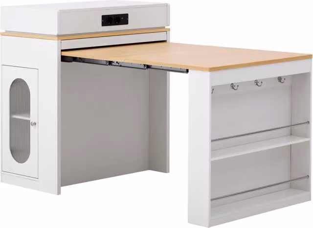 Isola cucina bianca mobile con tavolo estraibile e piano pieghevole, tavolo bar con prese elettriche e ganci, 83x46~146,5x96 cm