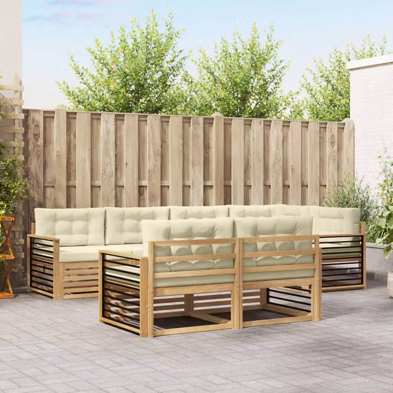 Set di divani da esterno a L vidaXL in legno di acacia con cuscini, 7 pezzi, Bianco e Beige