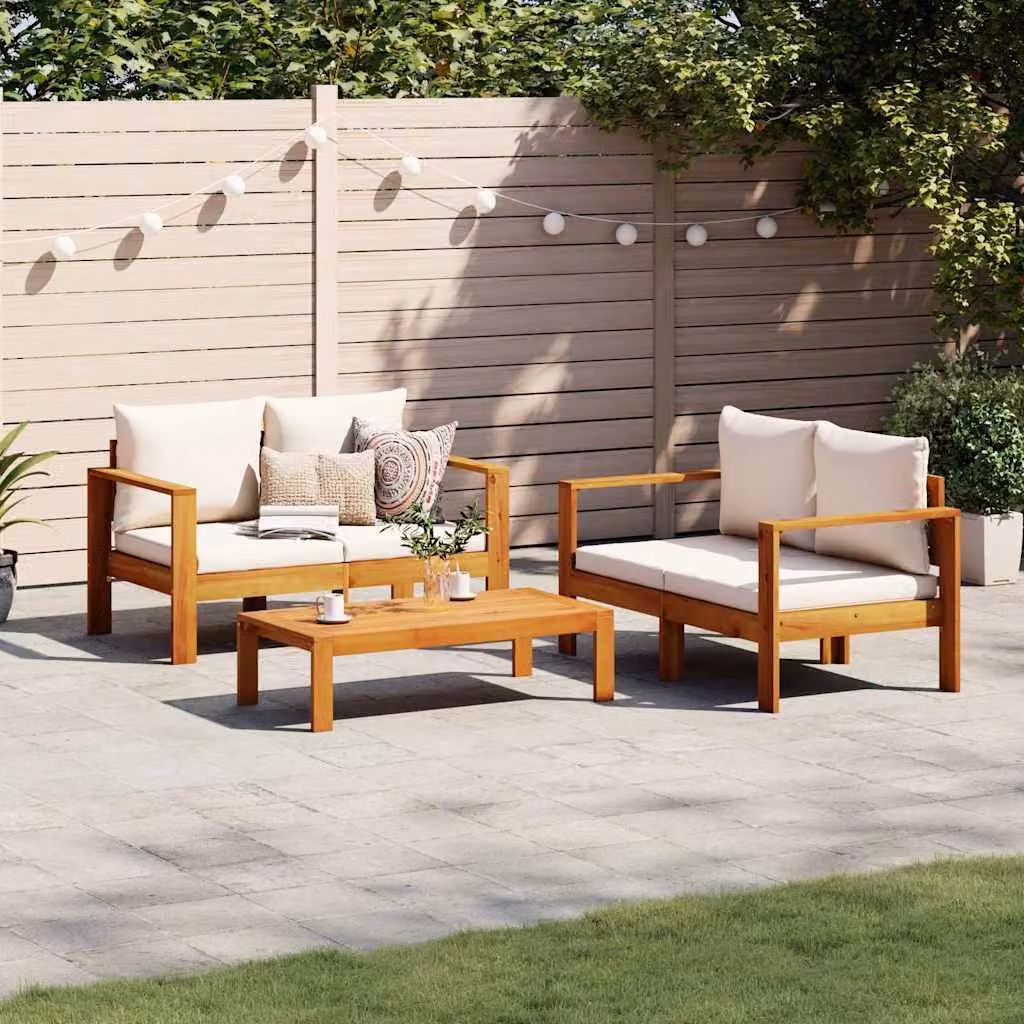 Set Divano da Giardino 3pz vidaXL in Legno di Acacia con Cuscini Beige e Tavolino – 1