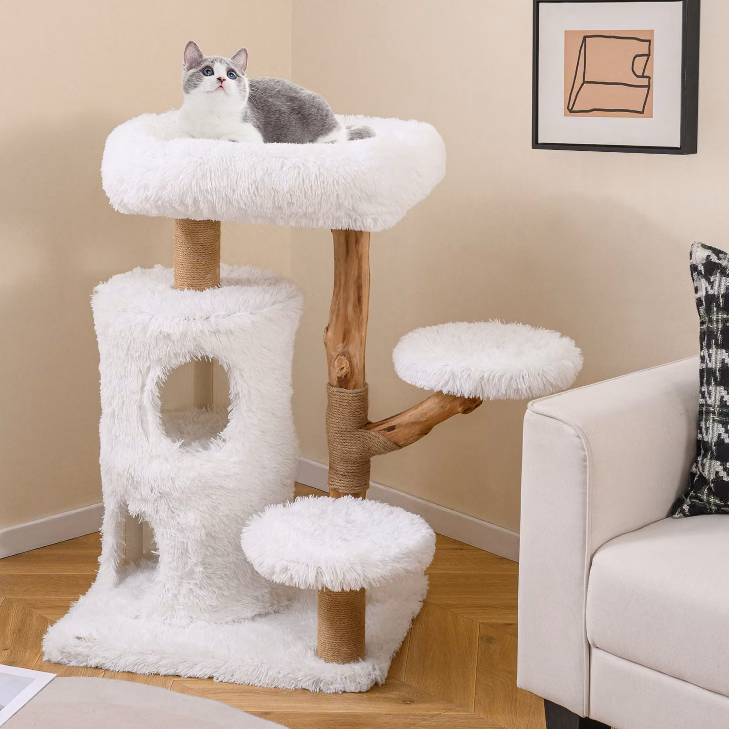 Albero per gatti Costway moderno con rametti in legno e piattaforme imbottite, 2 piani, colore bianco