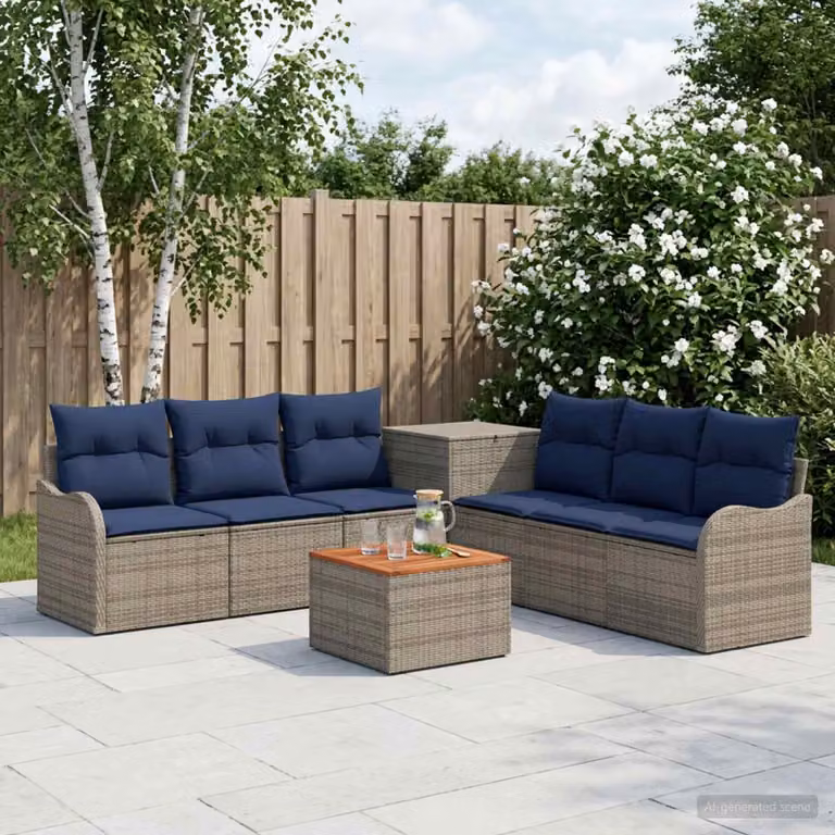 Set di divani da giardino vidaXL a forma di U composto da 8 pezzi in polyrattan e metallo con cuscini in tessuto Grigio e Blu Navy
