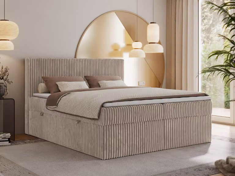 Letto continentale con contenitore Tiliano 160x200, materasso multistrato H3, Topper T25, marrone chiaro - tessuto velluto a coste
