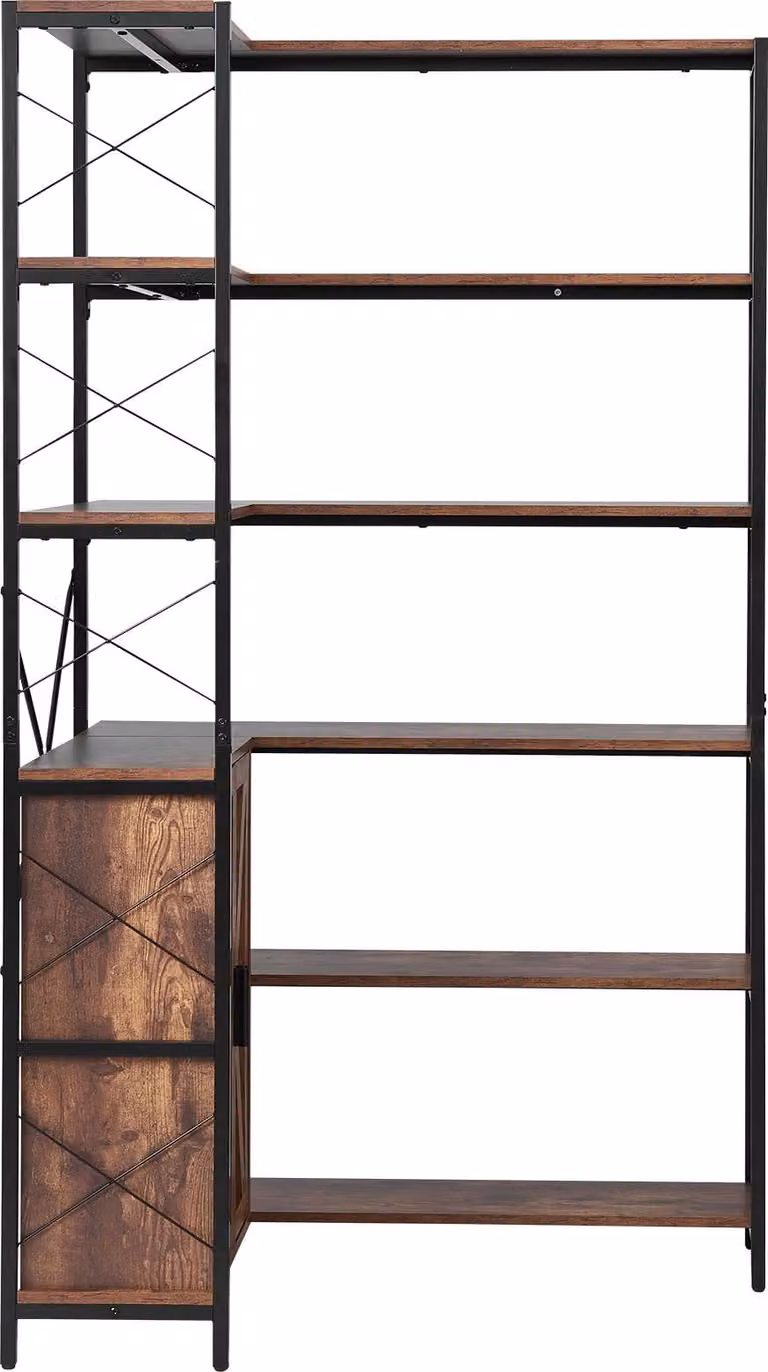 SucceBuy scaffale angolare a 6 livelli, supporto angolare alto con ante, scaffale a L con robusta struttura in metallo e ripiani in legno, scaffale verticale per libri e decorazioni in camera da letto, soggiorno o ufficio, marrone