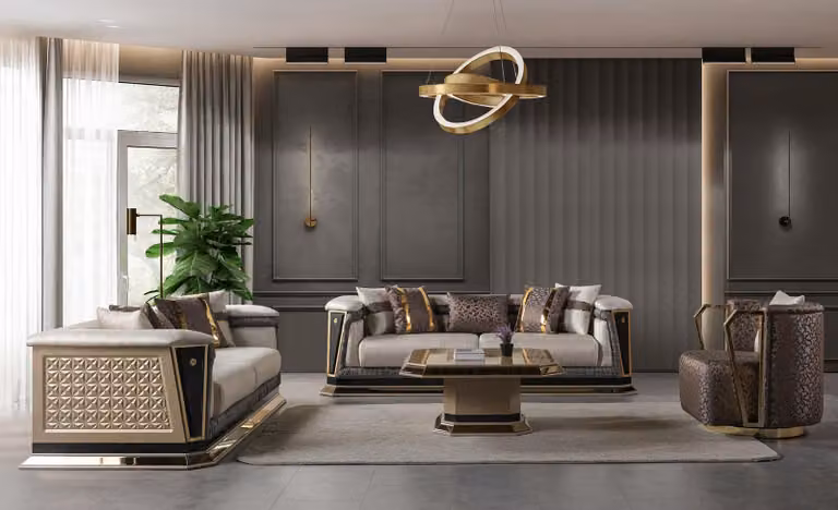 Divano grigio, soggiorno color oro, poltrona in stile moderno