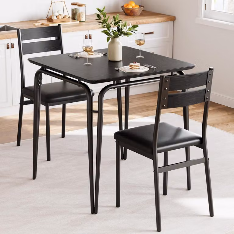 Set da pranzo composto da tavolo e sedie, 3 pezzi, forma quadrata, per 2 persone, colore nero