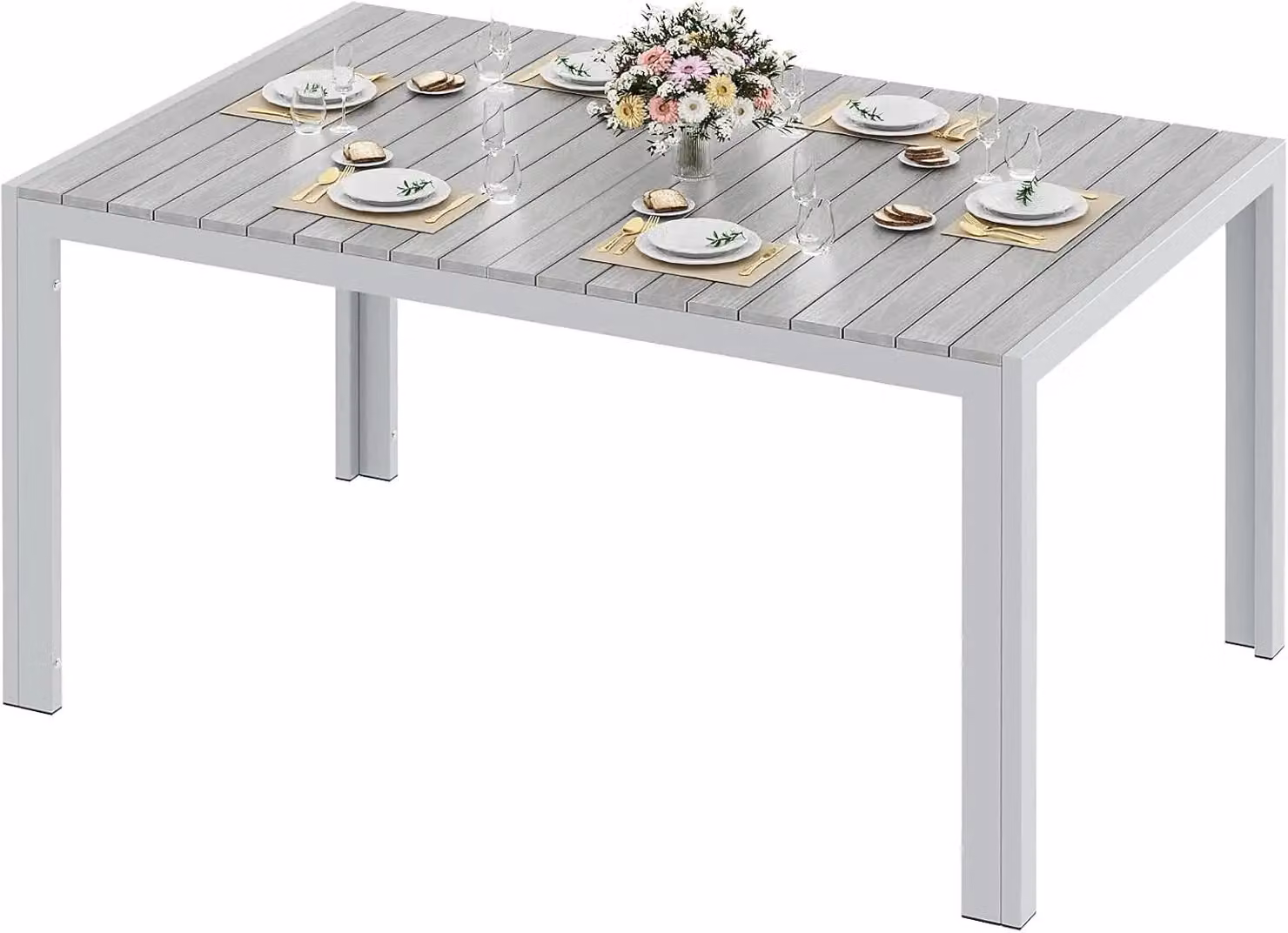 Tavolo da giardino - Tavolo da esterno rettangolare - 140 x 90 x 75 cm - Per 8 persone - Alluminio - Piano del tavolo in WPC (legno-plastica) - Resistente agli agenti atmosferici - Gambe grigie, piano del tavolo grigio