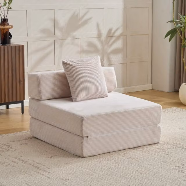 Poltrona letto singola pieghevole MIVRAY in velluto a coste bianco con braccioli e cuscino schienale