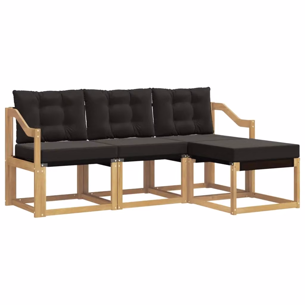 Set di divani da esterno vidaXL a forma di L con pouf, struttura in legno di acacia trattato e tessuto textilene, bianco e nero – 2