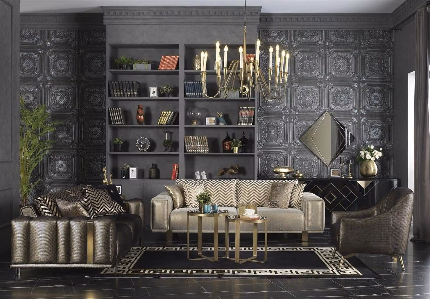 Divano e poltrona beige e neri, design moderno, ideali per il soggiorno