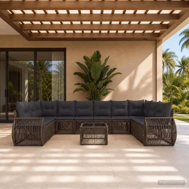 Set Divano da Giardino a L con Tavolino vidaXL, 11 Pezzi, Grigio e Nero, in Polyrattan con Cuscini e Struttura in Acciaio Verniciato a Polvere