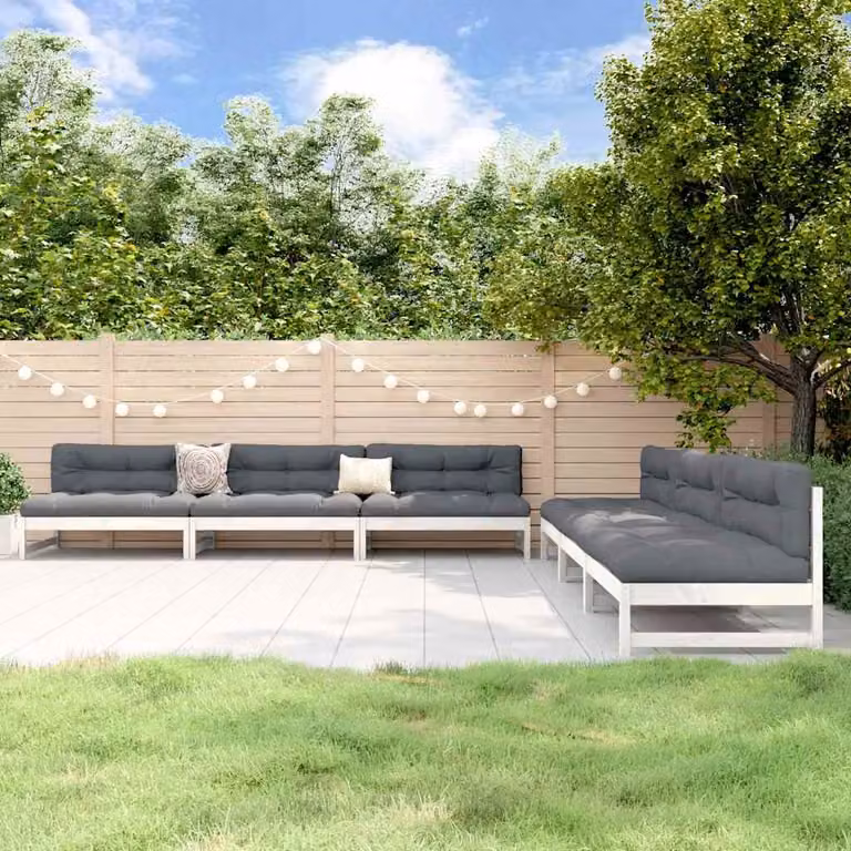 Set Salotto da Giardino vidaXL a Forma di L in Legno di Pino con Cuscini Bianchi