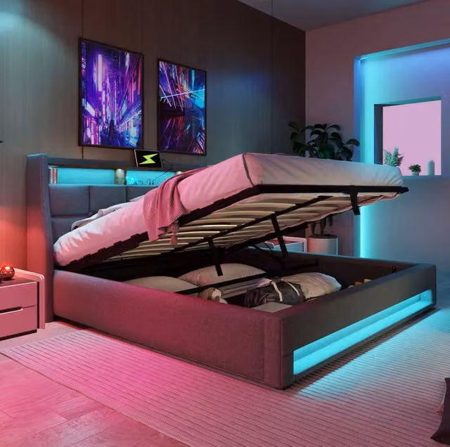 Letto imbottito contenitore 140x200 cm con USB; LED e materasso; grigio