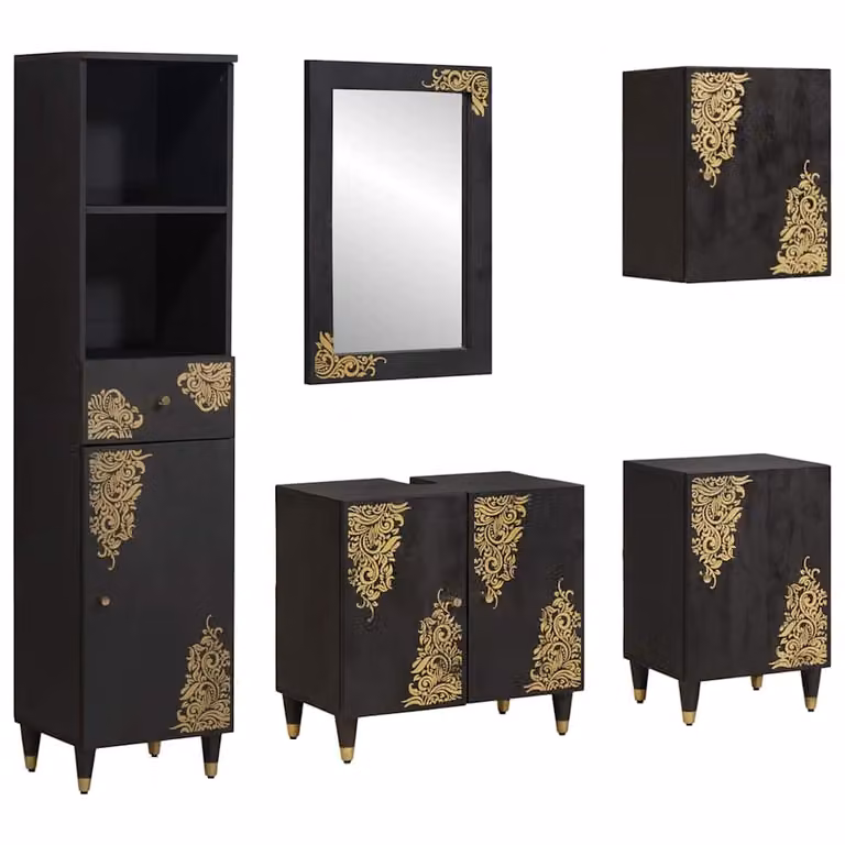 Set di mobili da bagno vidaXL in legno di mango massello stile rustico, nero e oro, L/P/H: 62 x 33 x 58 cm