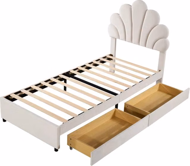 Letto per bambini con testiera floreale e 2 cassetti in velluto beige L/P/H: 200 x 90 x 116 cm