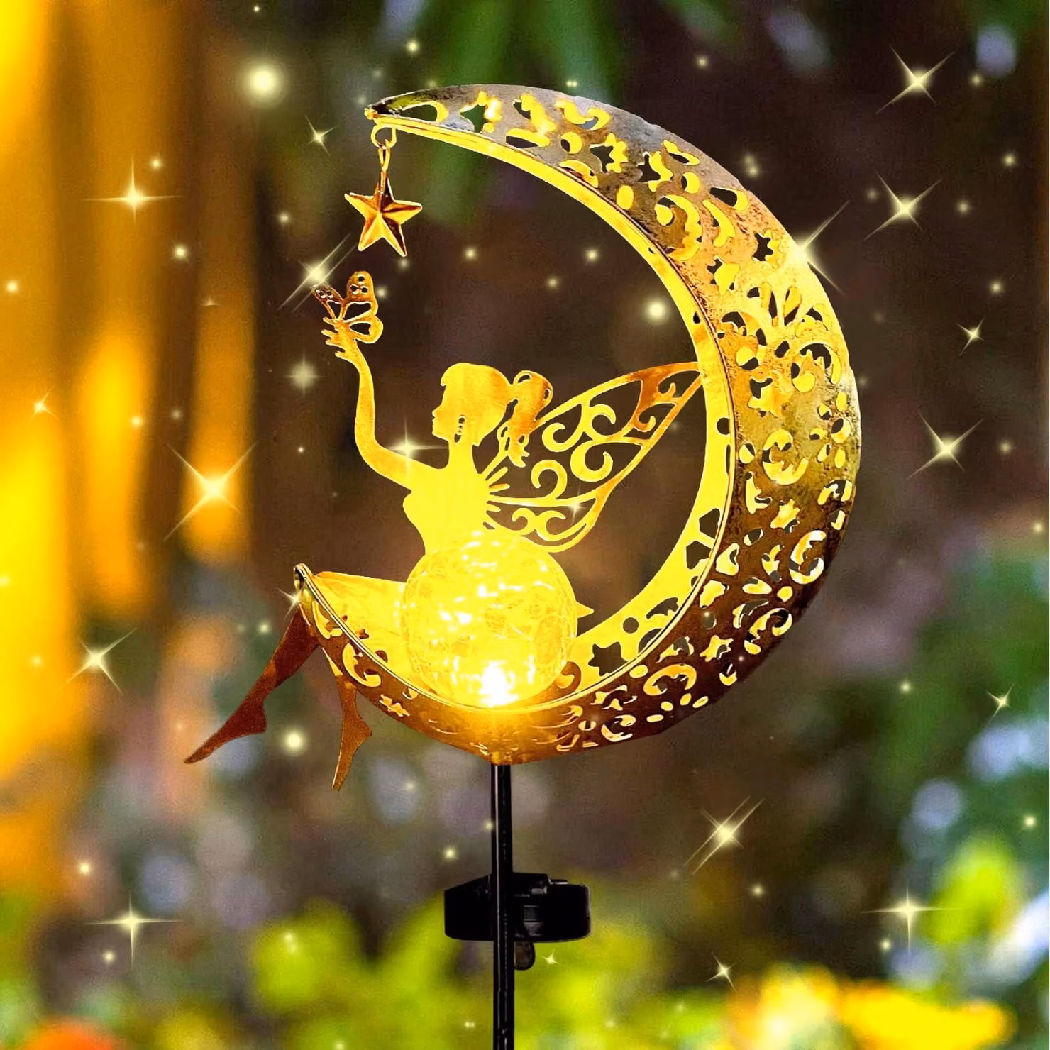 Lampada solare a forma di luna con farfalla fatata, luce bianco caldo, grado di protezione IP65, ideale per giardino e terrazza