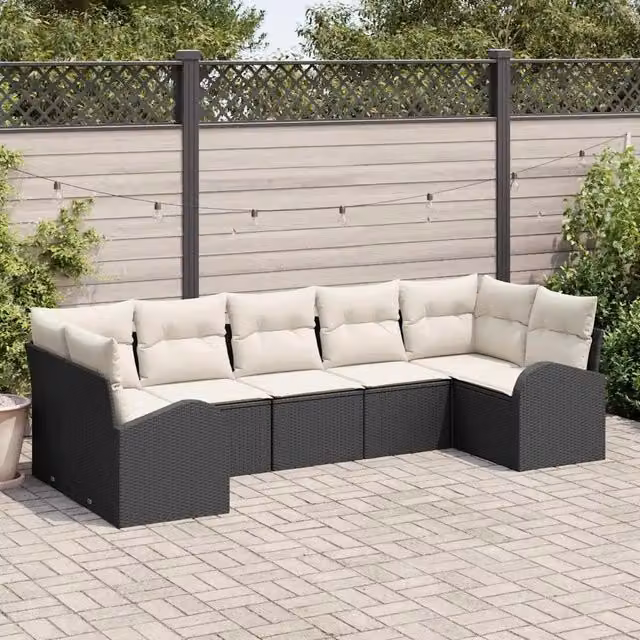 Set Divano da Giardino a Forma di U vidaXL in Polyrattan con Cuscini, Nero e Bianco – 1