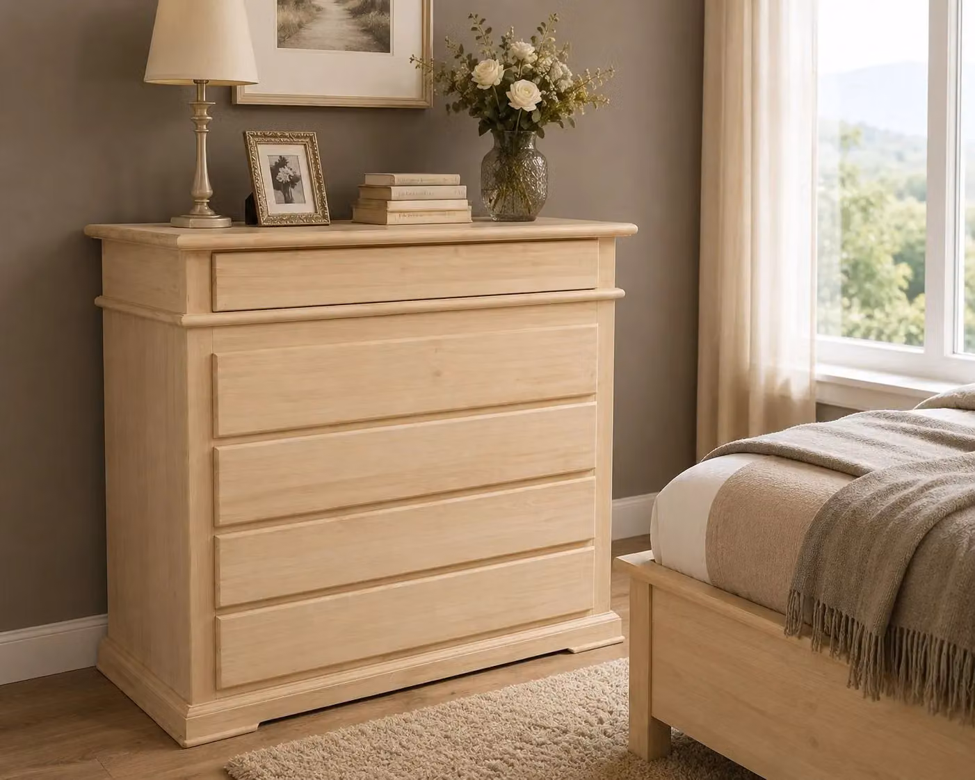 Cassettiera classica con 5 cassetti in legno grezzo Mobili 2G L: 127 cm, P: 52 cm, H: 117 cm – 2