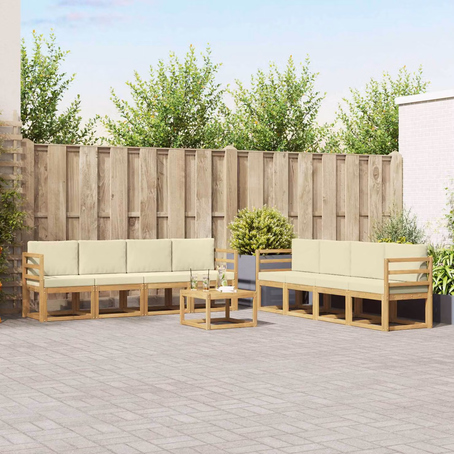 vidaXL Set di divani da esterno a forma di U in legno di acacia con cuscini, 9 pezzi, Bianco e Beige