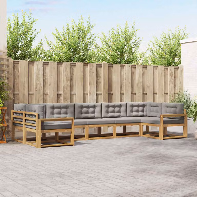 Set di divani da esterno a forma di U vidaXL in legno di acacia con cuscini, 7 pezzi, Bianco e Grigio Chiaro