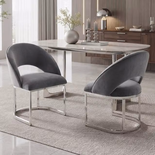 2 sedie da pranzo in velluto grigio con gambe in metallo argentato
