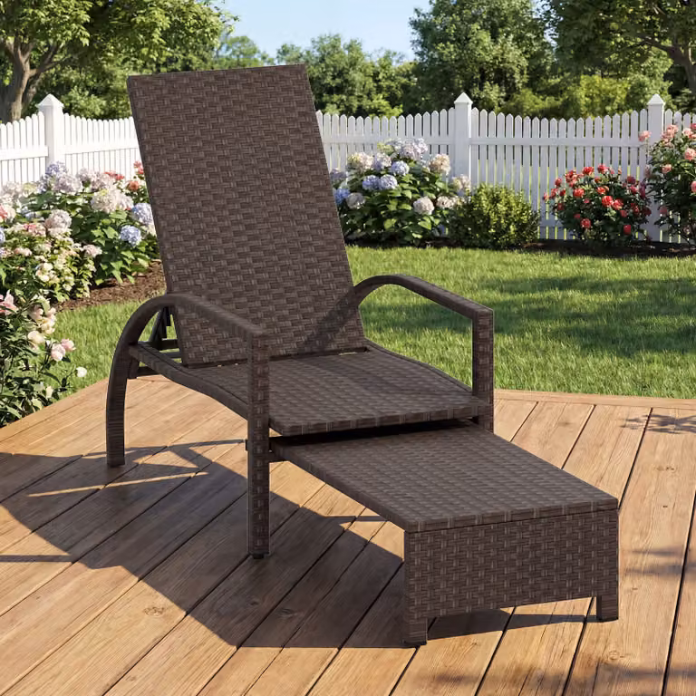 Lettino prendisole pieghevole da giardino Costway in rattan marrone con schienale regolabile e poggiapiedi