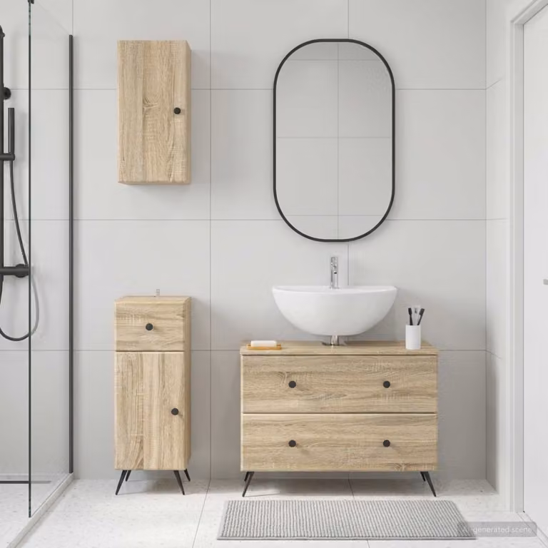 Set di armadietti da bagno 3 pezzi vidaXL BREDA Rovere Sonoma marrone con mobile sottolavabo e pensili a parete