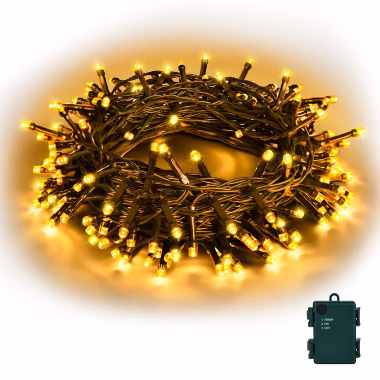 Catena luminosa a LED, 5 metri, 50 LED bianco caldo, grado di protezione IP65, timer, alimentazione a batteria