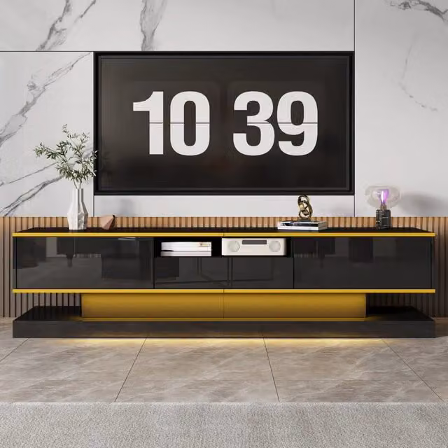 Mobile TV Mivray moderno con tre cassetti, superficie lucida nero e oro con illuminazione LED integrata, L/P/H: 180 x 38 x 45 cm