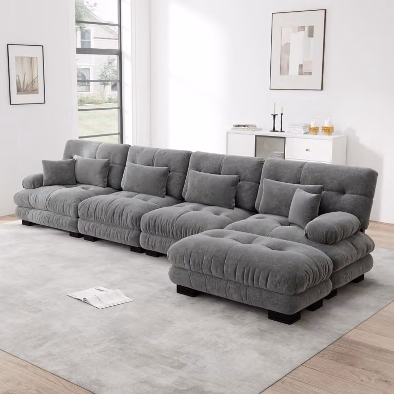 Divano angolare modulare a 4 posti, modello "Cloud", poggiapiedi mobile, combinazione personalizzabile, tessuto in chenille (grigio)