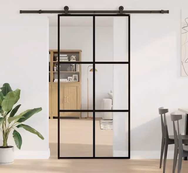 Porta Scorrevole Moderna vidaXL in Vetro Trasparente e Alluminio Nero L: 102 cm, H: 205 cm – 1