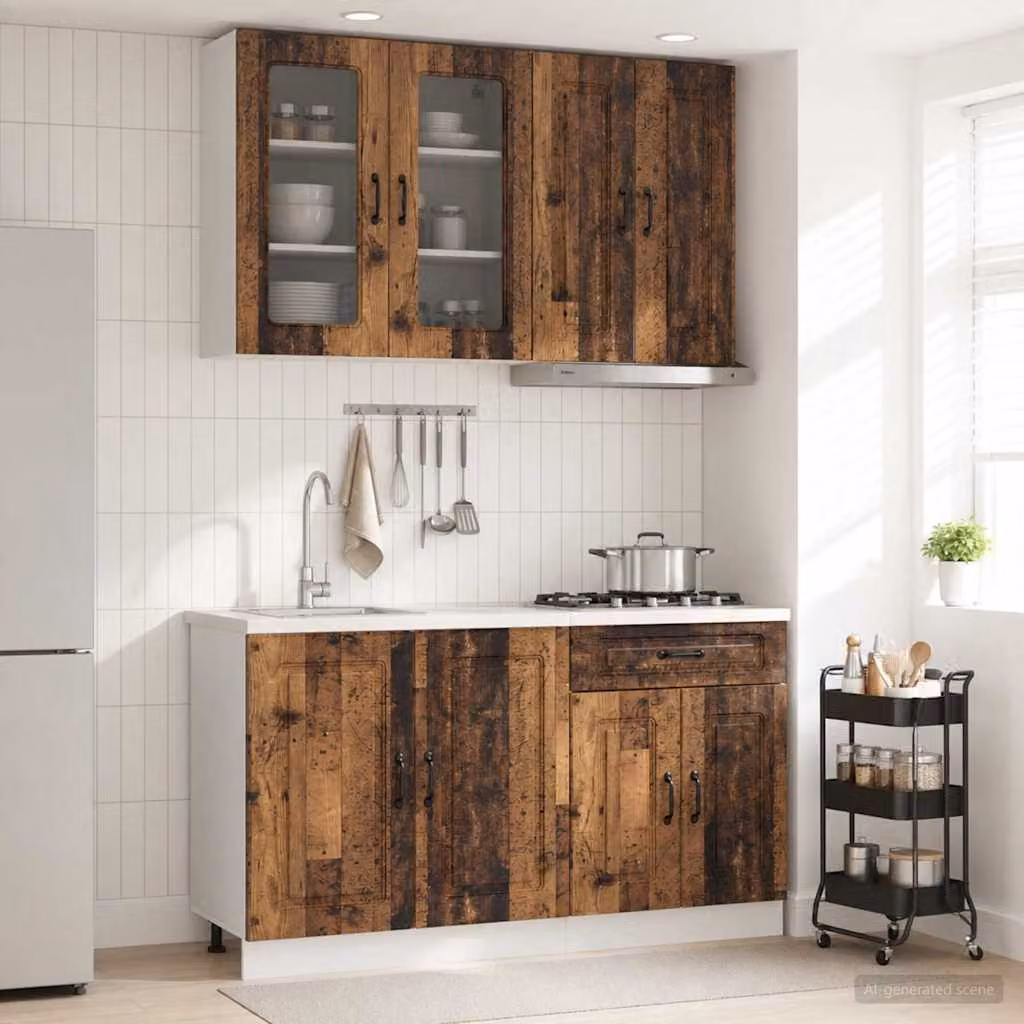 Set di 4 unità cucina vidaXL KALMAR in legno marrone con ante a vetro e cassetti, stile moderno