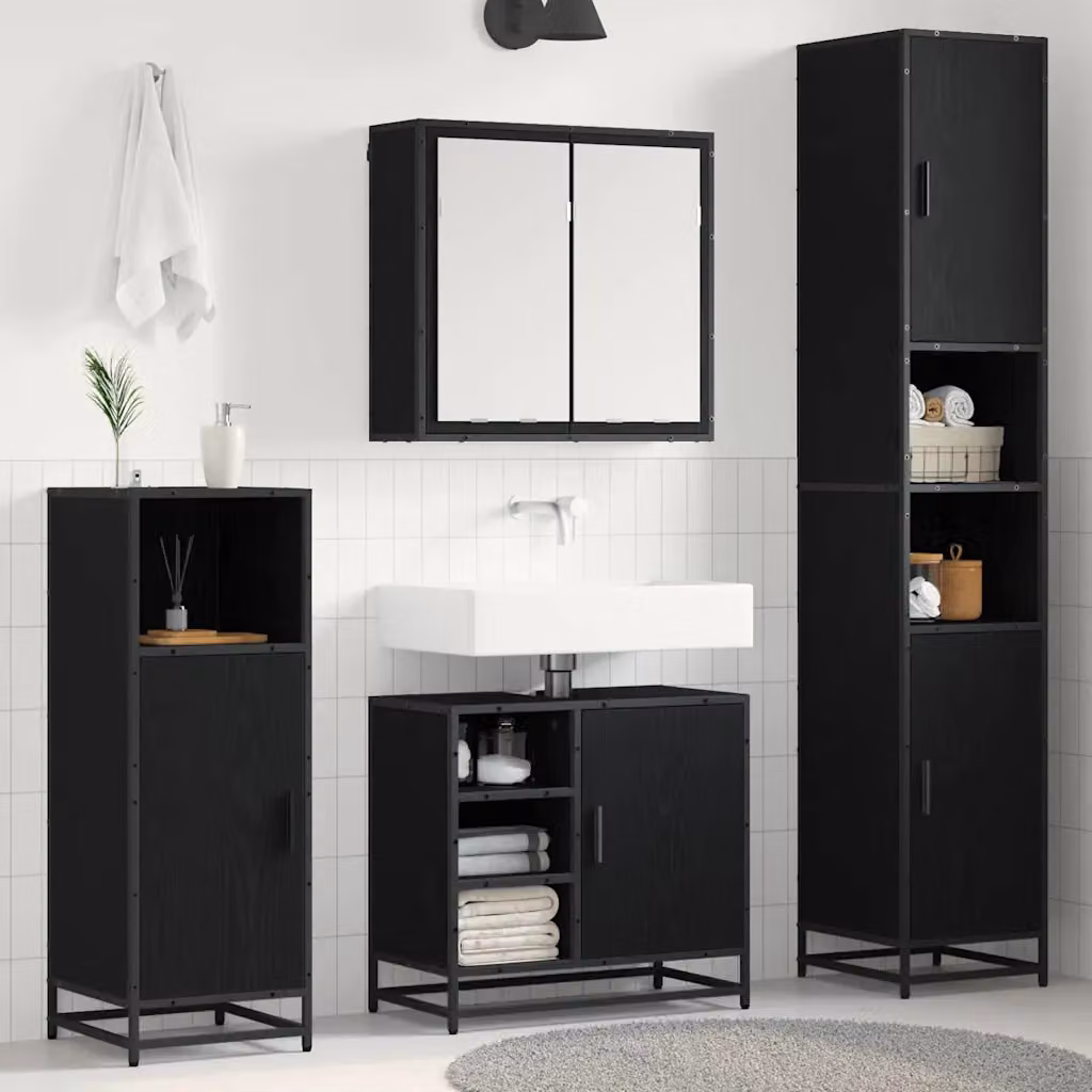 Set di mobili per il bagno moderno vidaXL composto da 4 pezzi in rovere e nero con armadietto a specchio, mobile lavabo, mobile laterale e colonna alta L/P/H: 65 x 33 x 188,5 cm – 1