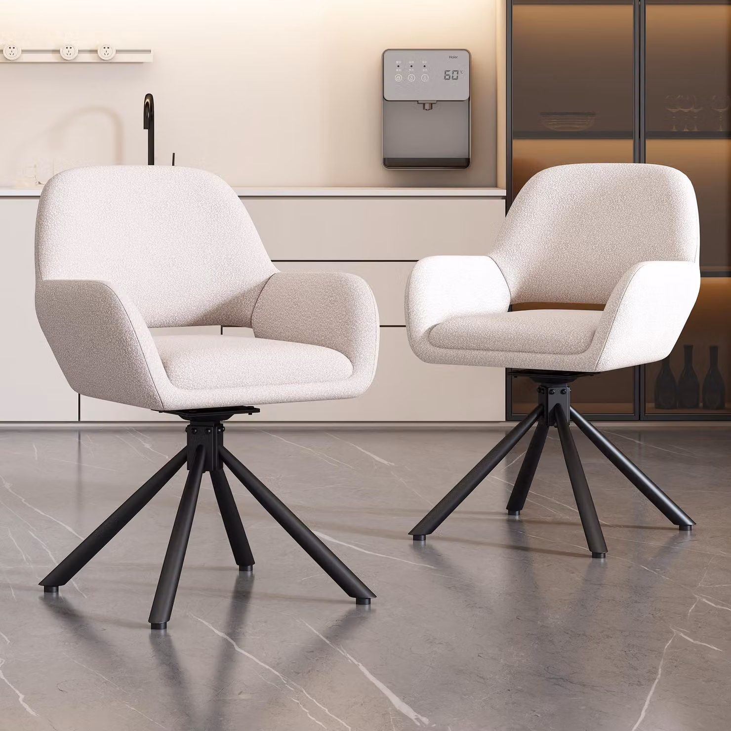 Sedia girevole, realizzata in tessuto Sherpa, set da 2, con braccioli, dal design moderno e minimalista, ideale per la sala da pranzo, colore bianco