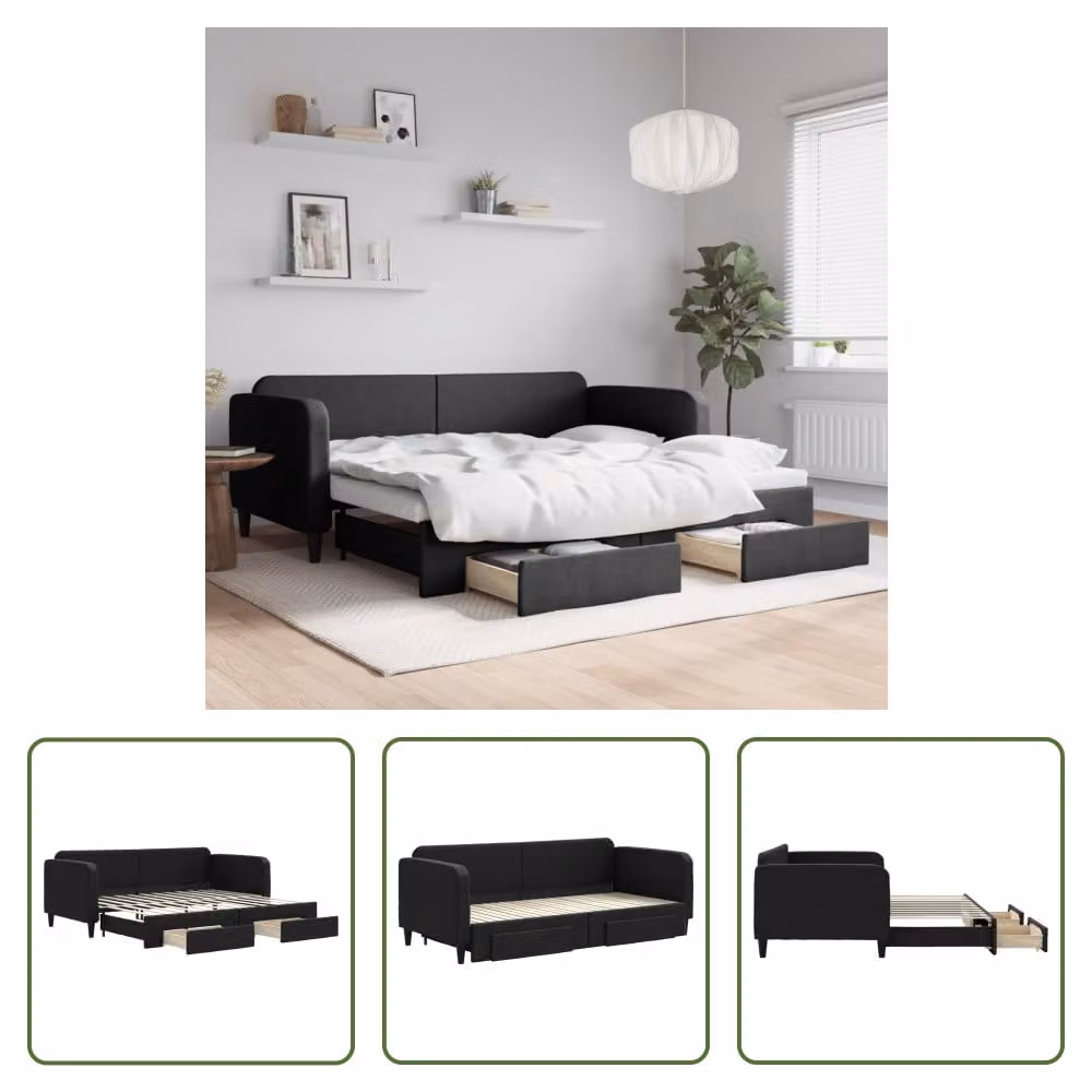 The Living Store Letto allungabile con cassetti nero 90x200 cm tessuto