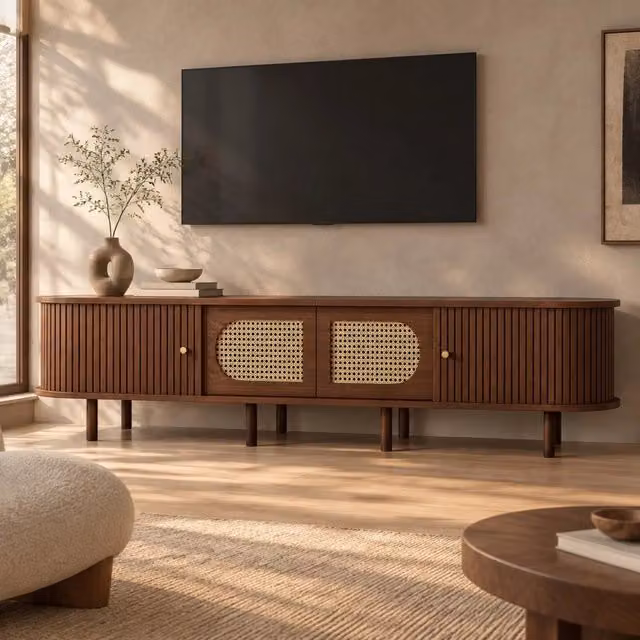 Mobile porta TV in MDF con 2 ante 2 serrande e otto piedi stile rattan per soggiorno rovere scuro 180 × 40 × 40 cm