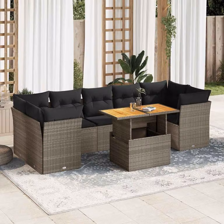 Set Divano da Giardino vidaXL 8 pz a forma di U in Polyrattan Grigio con Cuscini e Tavolino da Esterno