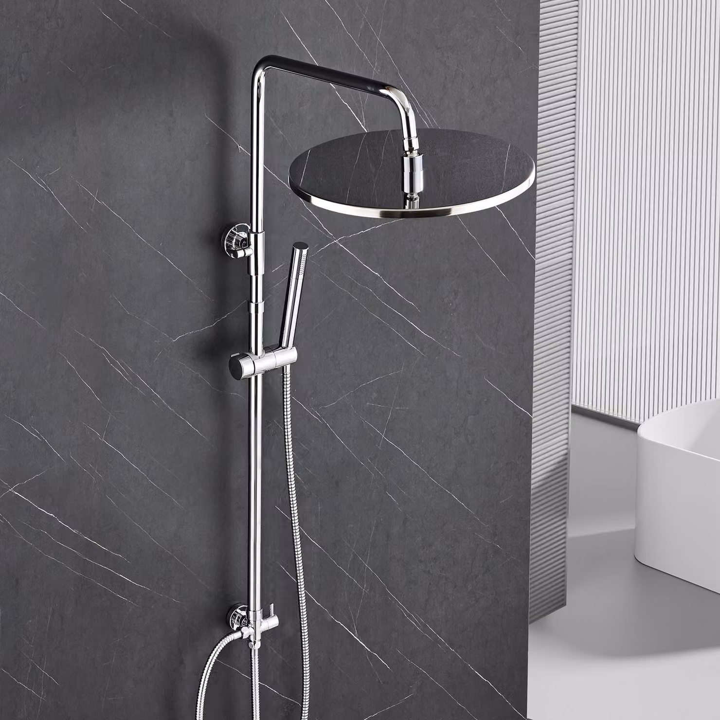Sistema doccia JOHO in acciaio inossidabile senza rubinetteria, set doccia a pioggia cromato a risparmio idrico, asta doccia regolabile in altezza da 74 a 114 cm, soffione da 30 cm