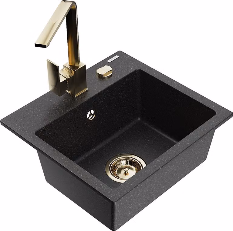 Mexen Milo lavello da cucina in granito 1 vasca con miscelatore Rita, nero/metallizzato argento - 6505-73-670300-50