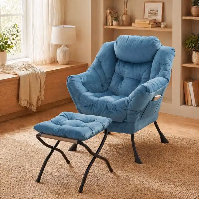 Poltrona relax 70.0x77.0x20.0 cm con poggiapiedi pieghevole in tessuto e metallo blu